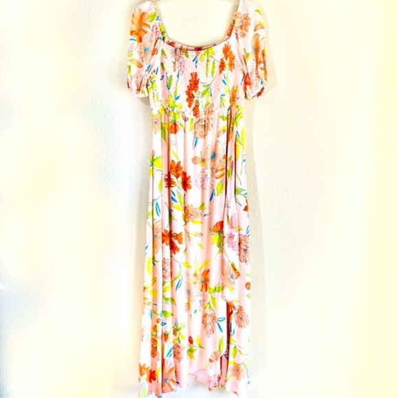 Smocked Maxi Dress Off The Shoulder Floral Pattern Print Boho - Picture 5 of 11